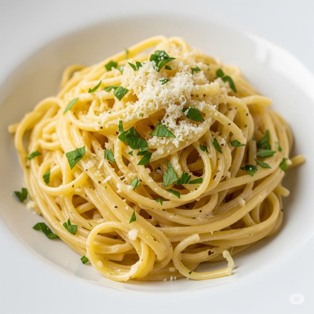 Beautifully plated hero shot of creamy lemon linguine pasta, garnished and ready to eat – a quick and easy dinner recipe.