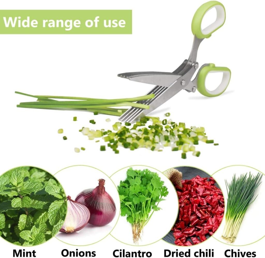 Green 5-blade herb cutter scissors with safety cover and cleaning comb, a practical kitchen gadget under $50 on Amazon for quickly chopping fresh herbs.