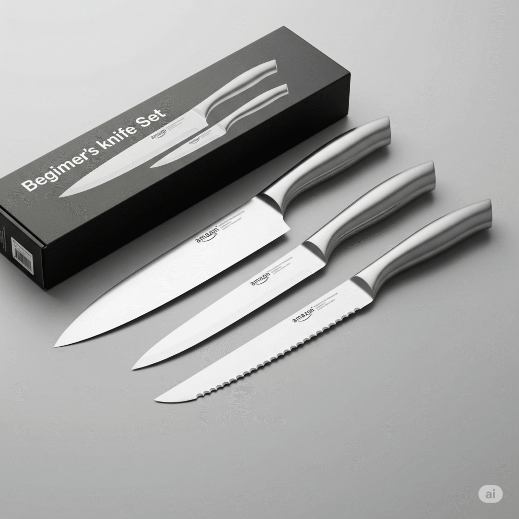 Beginner kitchen knife set featuring essential types of kitchen knives, a great start for your kitchen knives 101 journey.