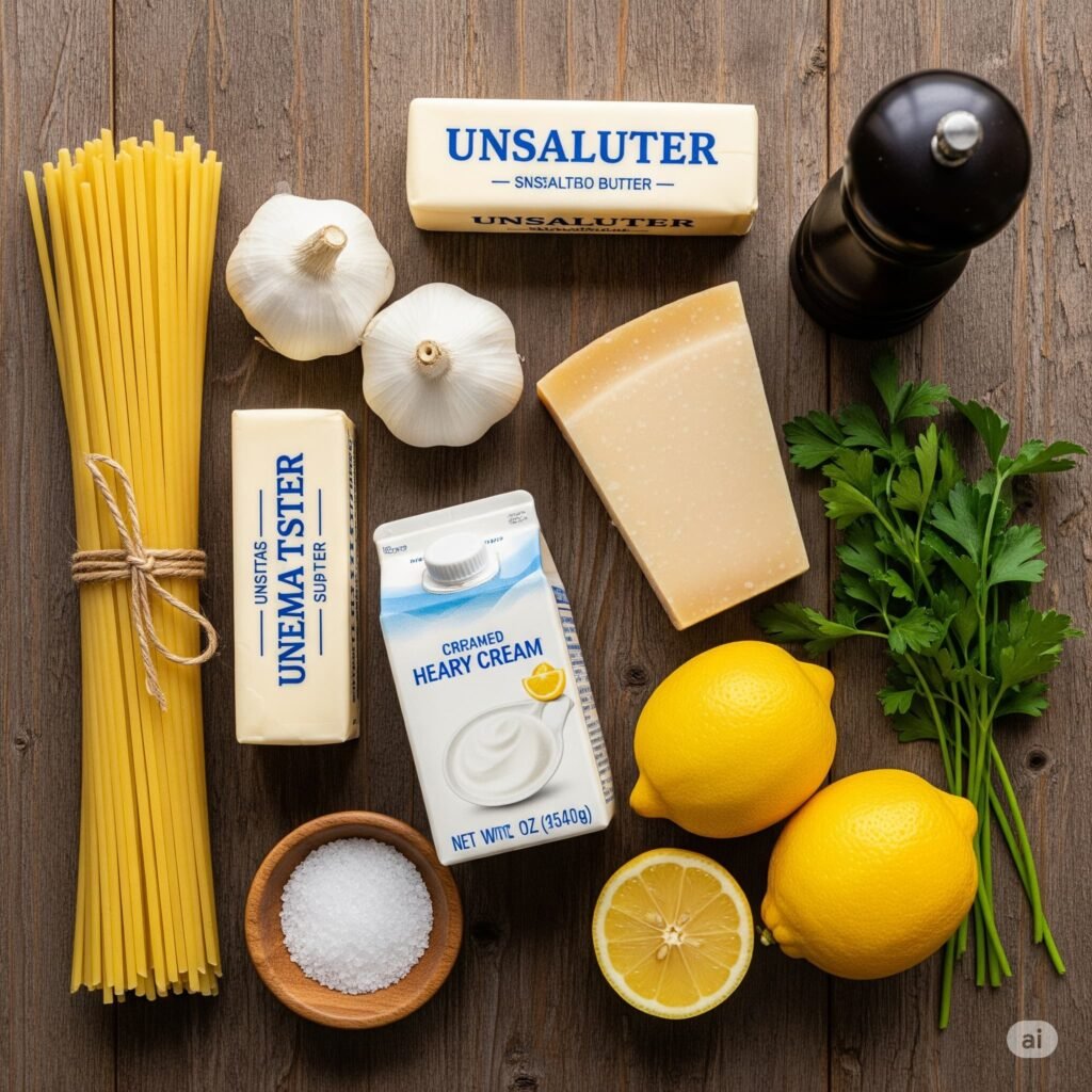ingredients for creamy lemon pasta including linguine, lemons, Parmesan, cream, butter, garlic, parsley, salt, and pepper, arranged on a wooden surface.