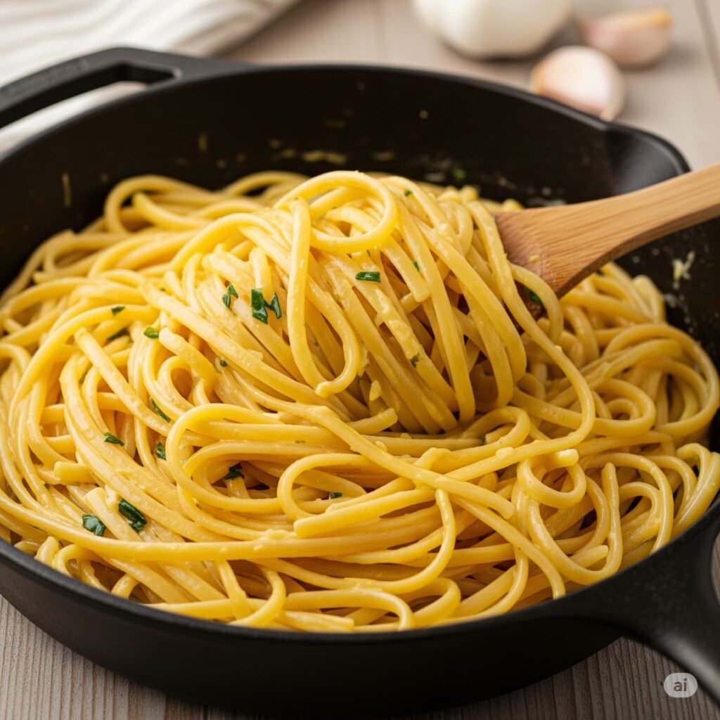 A plated serving of creamy lemon linguine being garnished with fresh parsley and Parmesan for a delicious weeknight dinner.