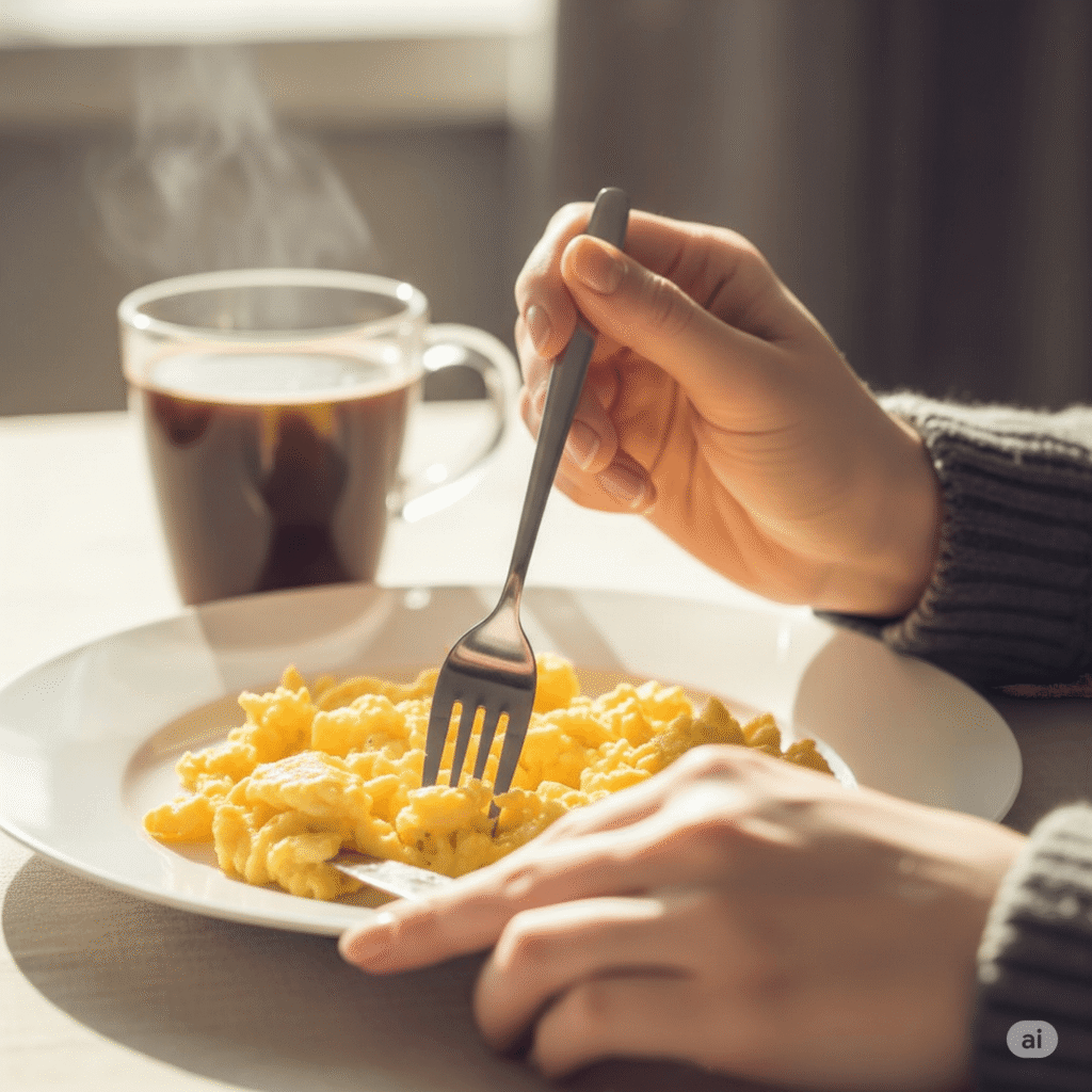Hands holding a fork, ready to enjoy a plate of homemade scrambled eggs in a cozy breakfast setting.