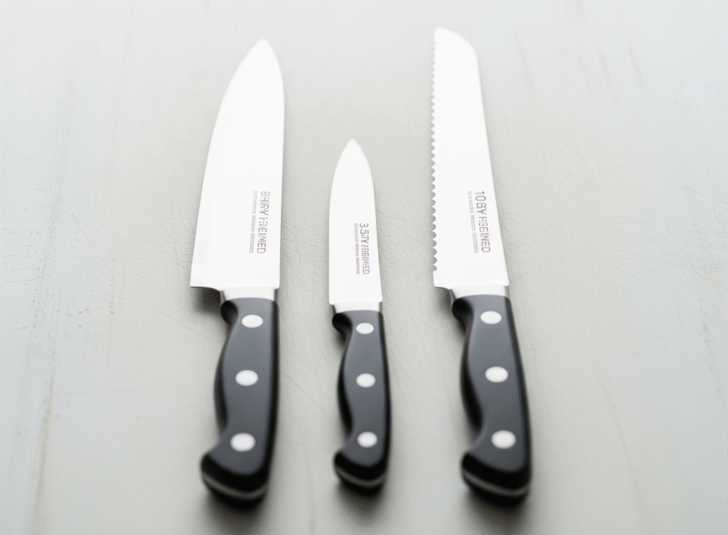 Essential kitchen knives for beginners - chef's, paring, and serrated - foundational tools from our kitchen knives 101 guide.