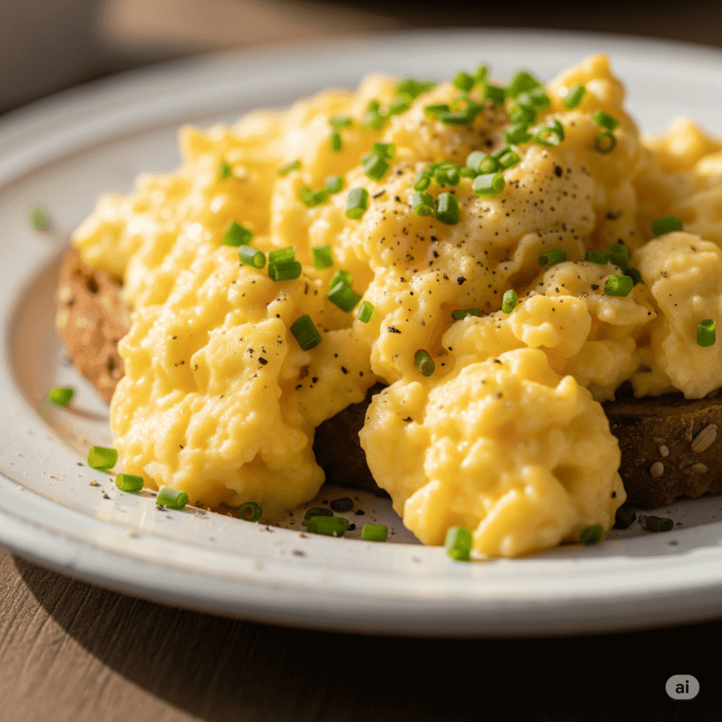 Plate of perfect, fluffy, and creamy scrambled eggs, garnished with fresh chives
