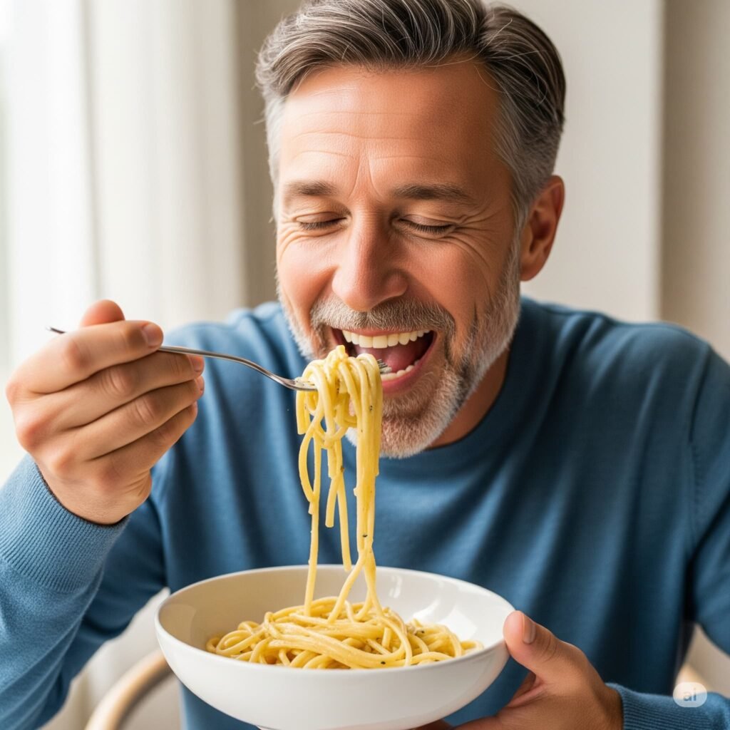 Person smiling with enjoyment while eating a forkful of delicious creamy lemon pasta from a white bowl.