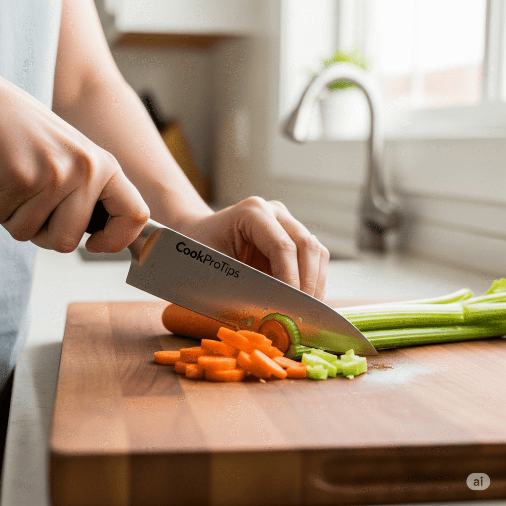 Safe chef's knife use for beginners: demonstrating the claw grip, a key knife safety tip from kitchen knives 101.