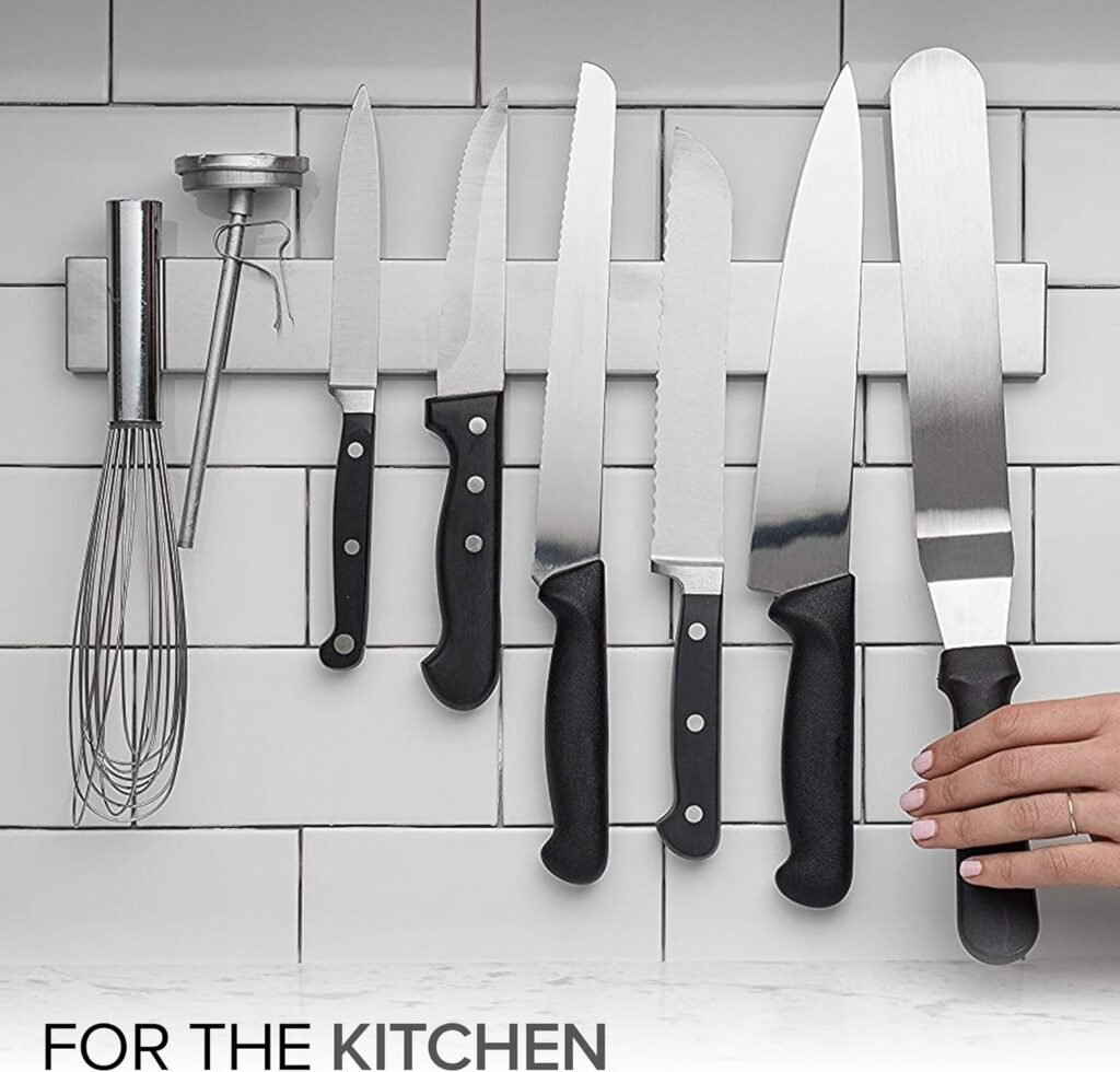 Safe kitchen knife storage solutions like a block or magnetic strip - vital for kitchen knife safety for beginners.