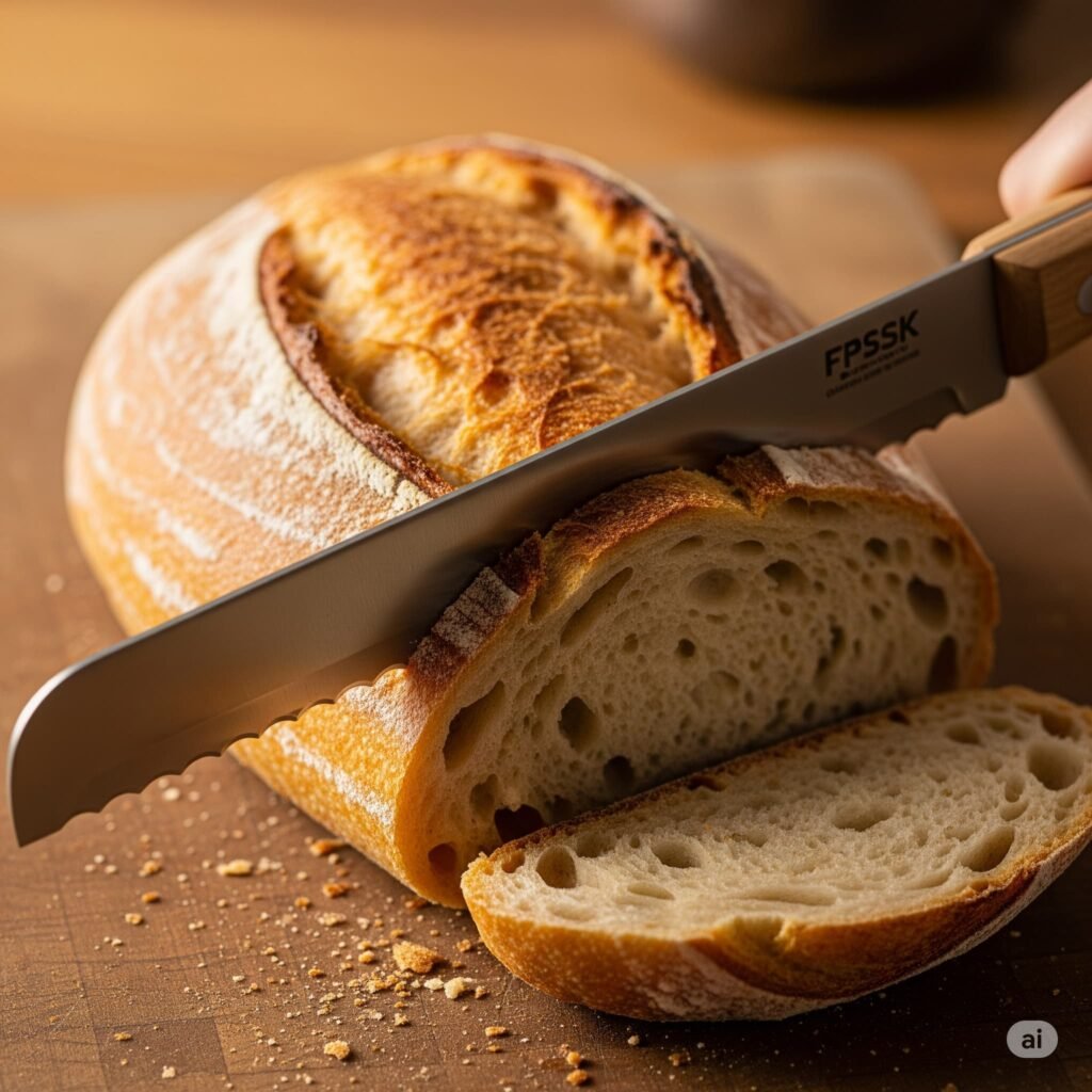 Serrated bread knife cleanly slicing through a crusty artisan loaf without crushing it