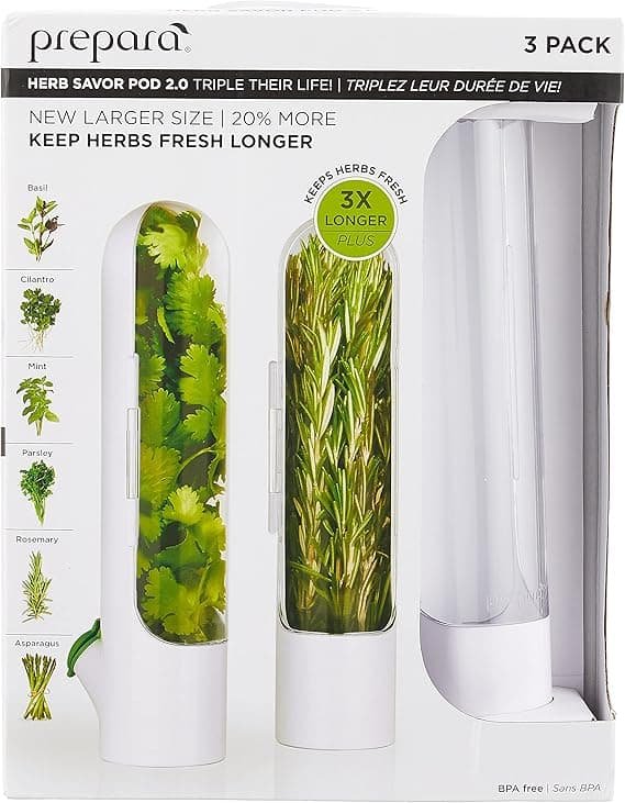 A modern herb keeper container, an effective tool for fresh herb storage that helps make herbs last longer.
