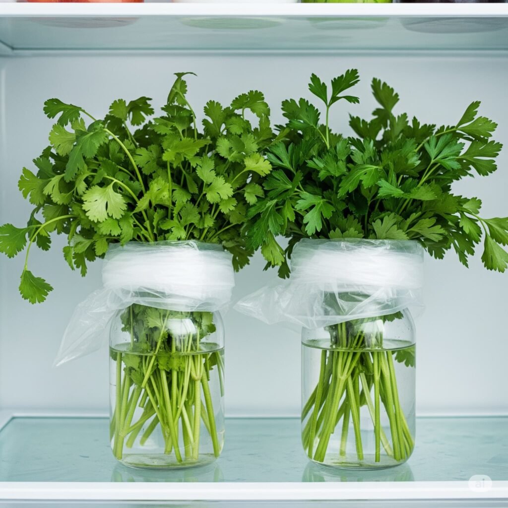 The bouquet method used to keep fresh herbs like cilantro and parsley vibrant in the refrigerator.