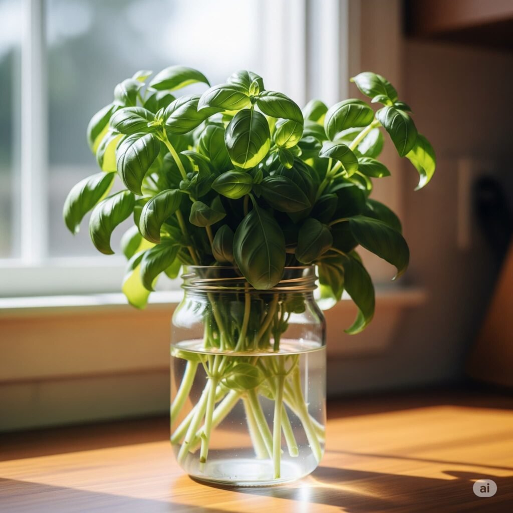 A healthy bunch of fresh basil with its stems standing in a glass of water on a kitchen counter.
