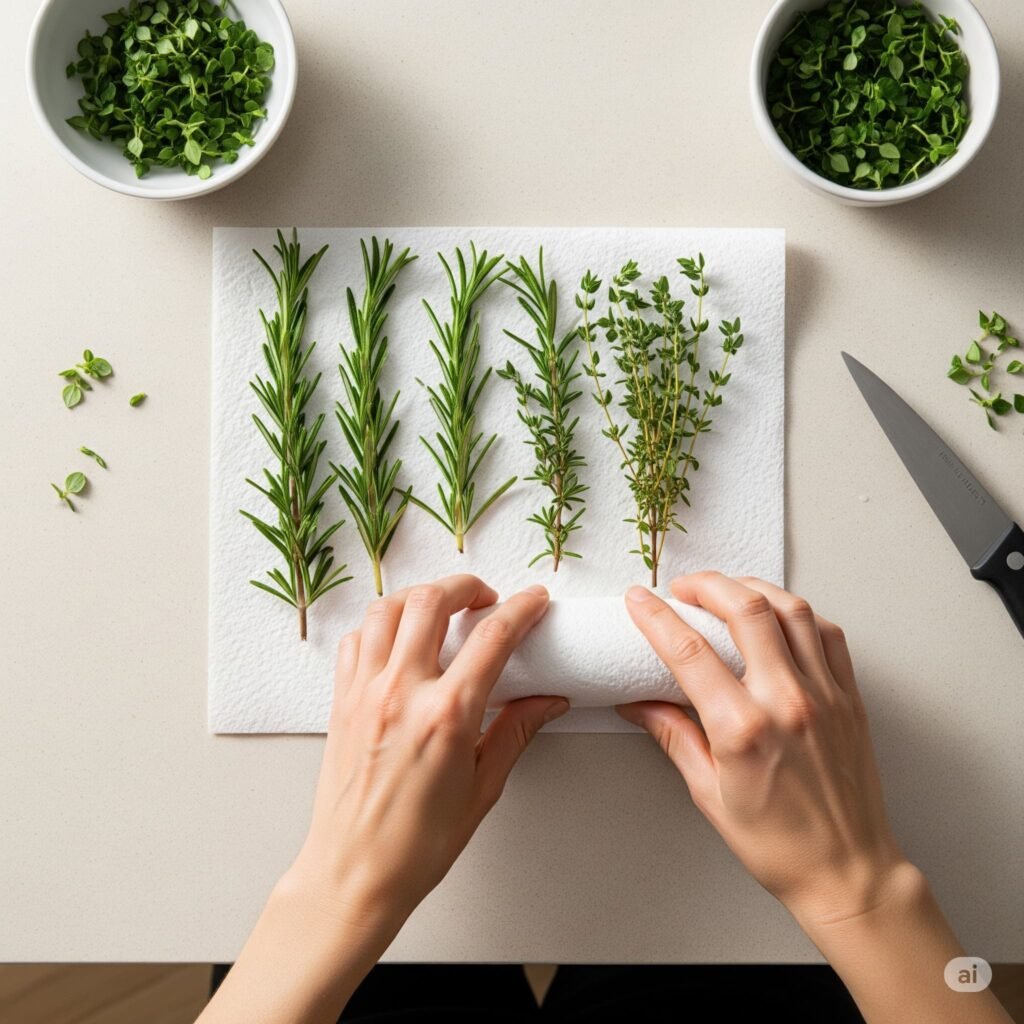 Fresh rosemary and thyme sprigs being gently rolled into a damp paper towel before storage.