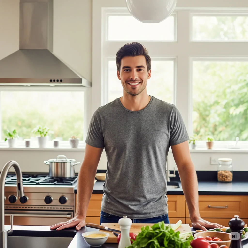 A young, smiling man in casual attire, passionate about cooking, standing in a bright, modern kitchen. He looks directly at the camera, surrounded by fresh ingredients, representing the friendly home chef and expert behind Cookprotips.com.